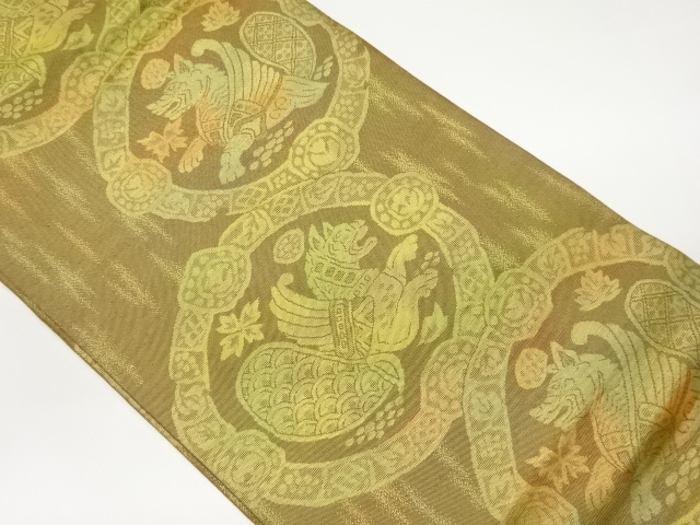 JAPANESE KIMONO / NAGOYA OBI / SILK / WOVEN ROUNDEL CREST & ANIMAL